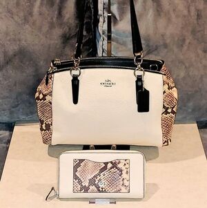 Coach White and Brown Snakeskin-Print Leather Satchel with Matching Wallet